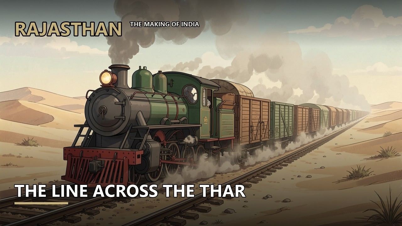 A still from the film The Line Across the Thar: a train crossing the desert
